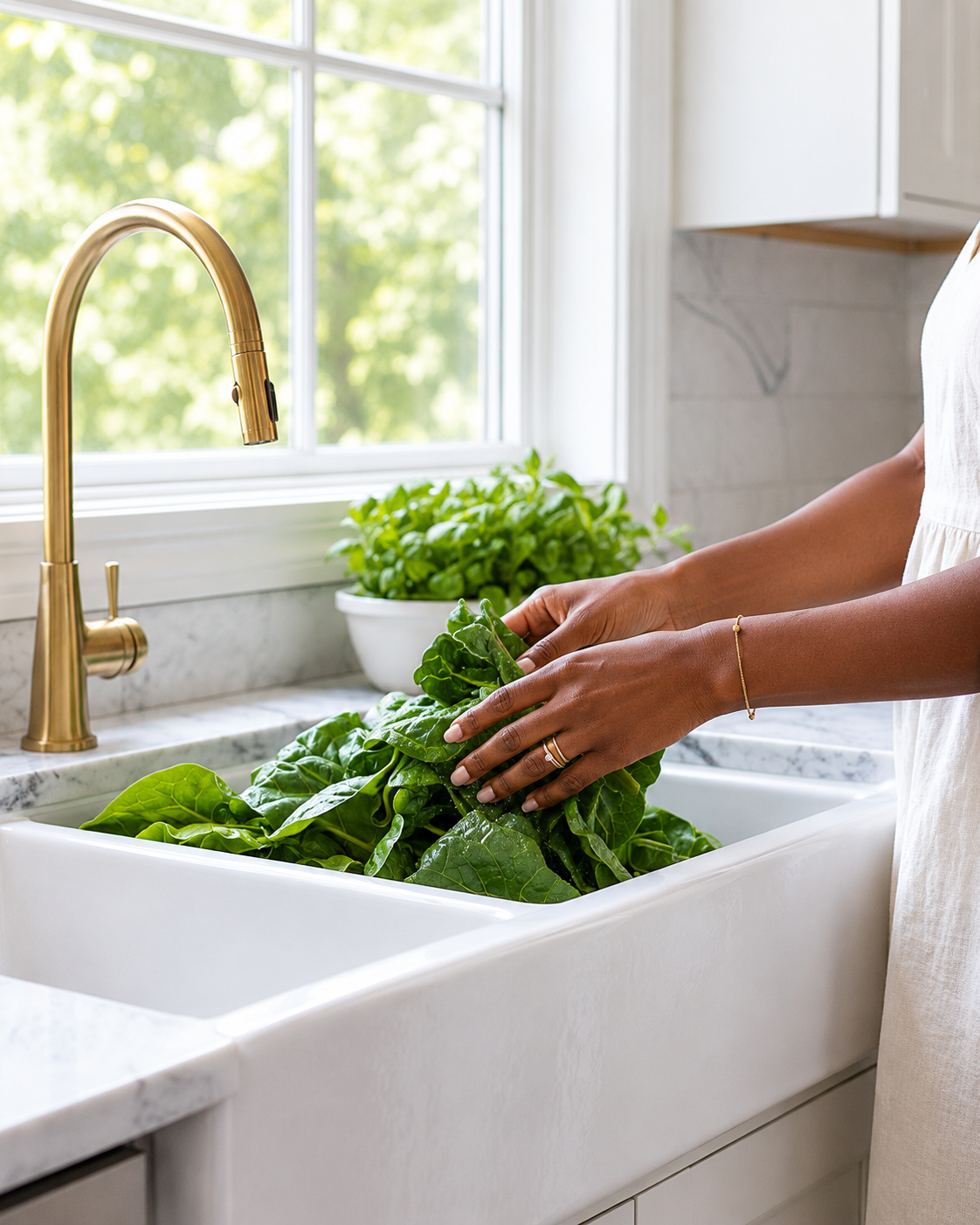 Washing greens at the farmhouse sink